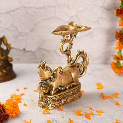 Brass Sitting Nandi Idol With Three Petal Diya (7 Inch)