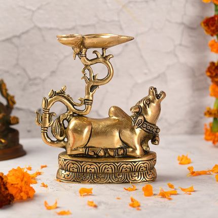 Brass Sitting Nandi Idol With Three Petal Diya (7 Inch)