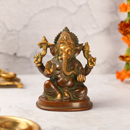 Brass Sitting Ganesha Idol (5 Inch)