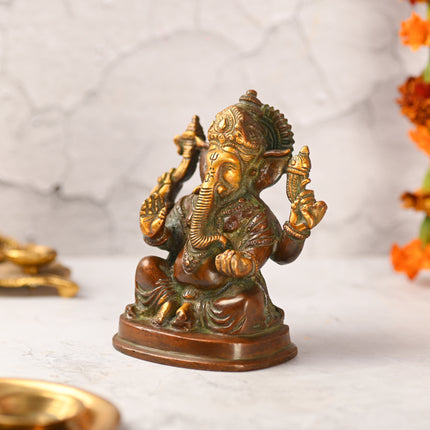 Brass Sitting Ganesha Idol (5 Inch)