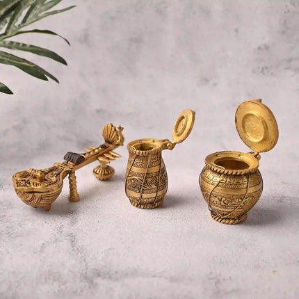 Brass Tabla, Dugi And Sitar Decor Set (3 Inch)