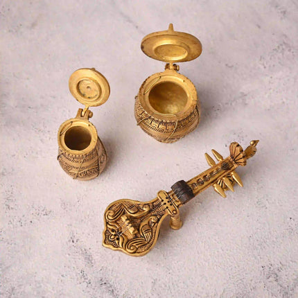 Brass Tabla, Dugi And Sitar Decor Set (3 Inch)