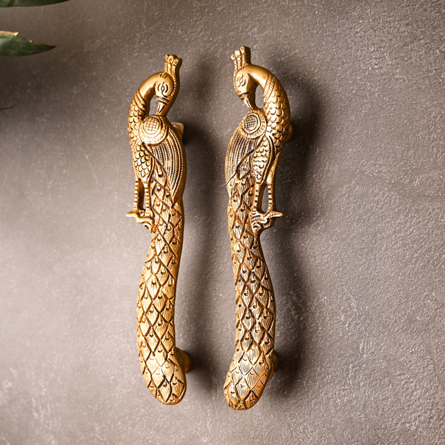 Brass Peacock Door Handle Pair – Handmade Traditional Brass Hardware (9.5 Inch)