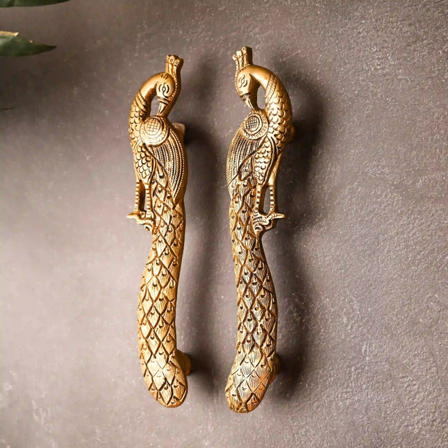 Brass Peacock Door Handle Pair (9.5 Inch)