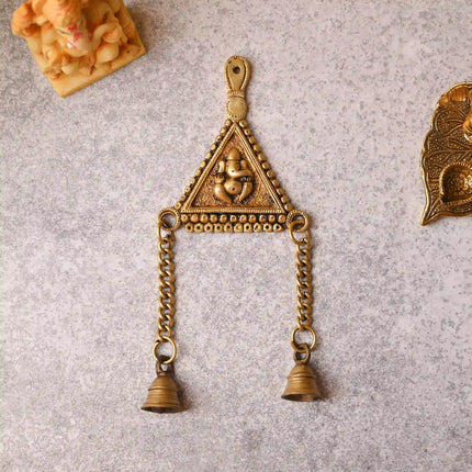 Brass Triangle Ganesha Wall Hanging with Bell (10 Inch)