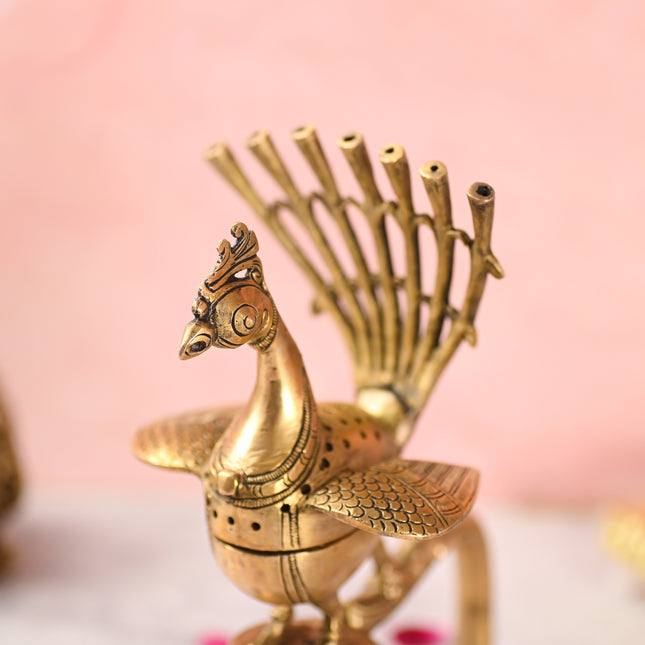 Brass Peacock Dhoop Dani & Incense Holder (8.5 Inch)