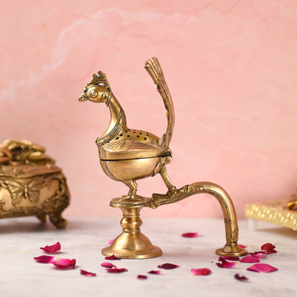 Brass Peacock Dhoop Dani & Incense Holder (8.5 Inch)