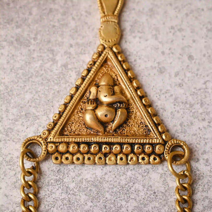 Brass Triangle Ganesha Wall Hanging with Bell (10 Inch)