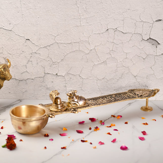 Brass Uddharani Ritual Spoon with Nandi and Shivling (23.5 Inch)