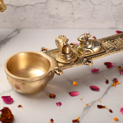Brass Uddharani Ritual Spoon with Nandi and Shivling (23.5 Inch)