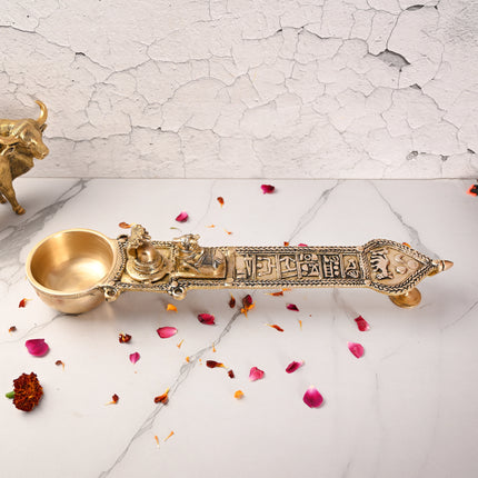 Brass Uddharani Ritual Spoon with Nandi and Shivling (23.5 Inch)