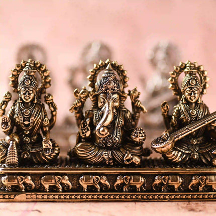 Brass Ganesha, Lakshmi & Saraswati Sitting Lightweight Idols (3 Inch)