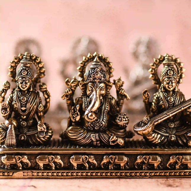 Brass Ganesha, Lakshmi & Saraswati Sitting Lightweight Idols (3 Inch)