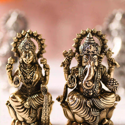 Brass Superfine Lotus Sitting Ganesha & Lakshmi Lightweight Idol (3.5 Inch)