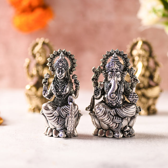 Brass Superfine Lotus Ganesha & Lakshmi Idol – Premium Divine Decor (3.5 Inch)
