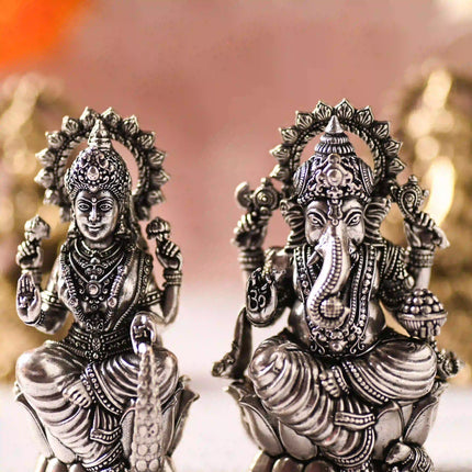 Brass Superfine Lotus Sitting Ganesha & Lakshmi Lightweight Idol (3.5 Inch)
