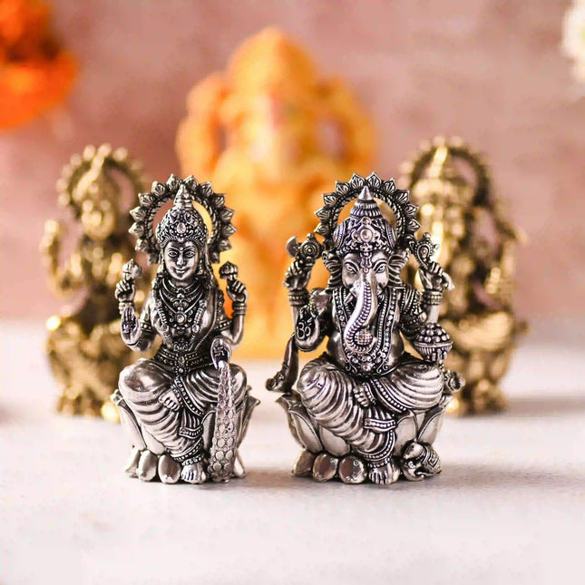 Brass Superfine Lotus Sitting Ganesha & Lakshmi Lightweight Idol (3.5 Inch)