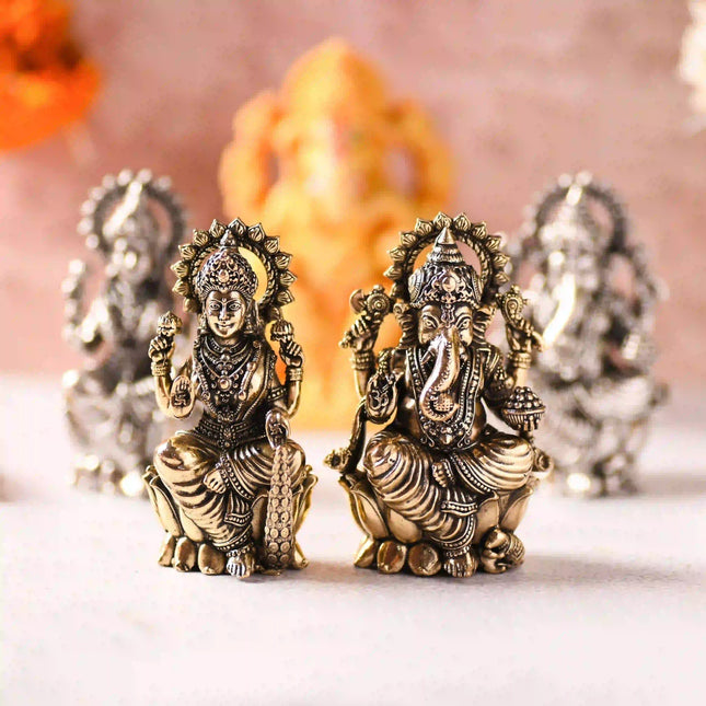 Brass Superfine Lotus Sitting Ganesha & Lakshmi Lightweight Idol (3.5 Inch)