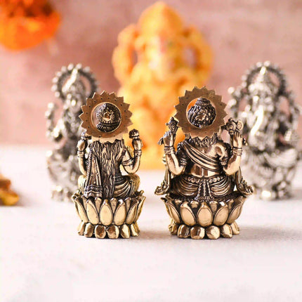 Brass Superfine Lotus Sitting Ganesha & Lakshmi Lightweight Idol (3.5 Inch)