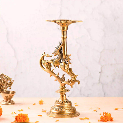 Brass Yali/kirtimukha Candle Stand (12.5 Inch)