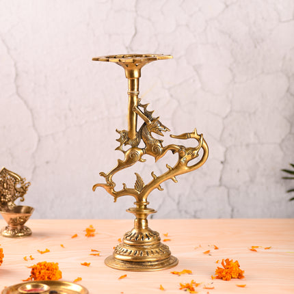 Brass Yali Candle Stand – Traditional Handmade Brass Decor (12.5 Inch)