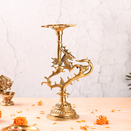 Brass Yali Candle Stand – Traditional Handmade Brass Decor (12.5 Inch)