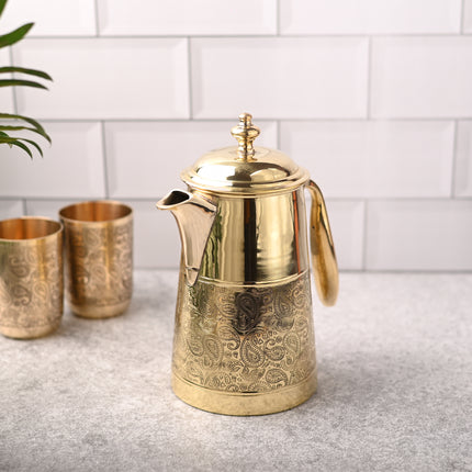 Brass Handcarved Water Jug With Lid – Traditional Indian Brassware (9.1 Inch)