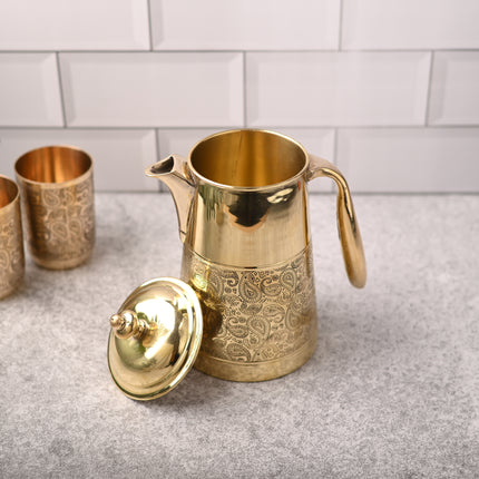 Brass Handcarved Water Jug With Lid – Traditional Indian Brassware (9.1 Inch)