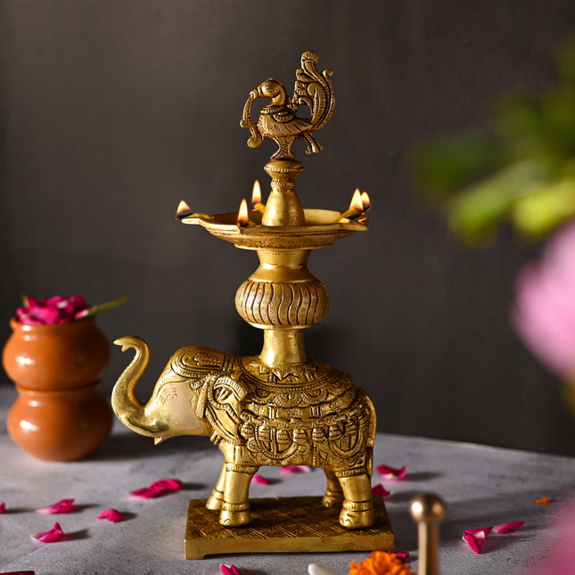 Brass Peacock Diya On Elephant (11.1 Inch)