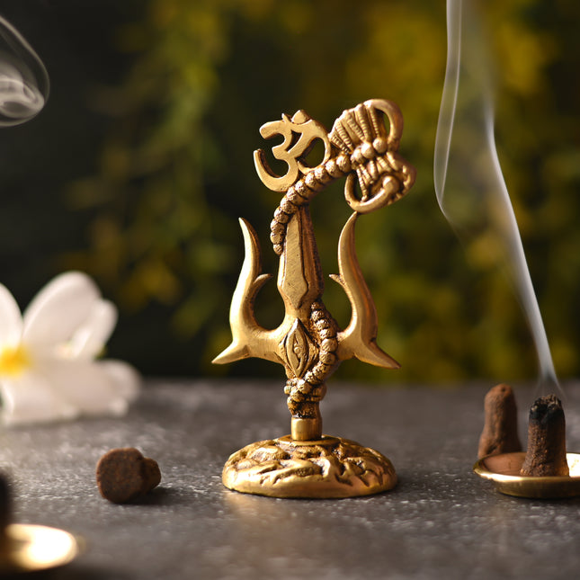 Brass Trishul with Damru & Om (4.8 Inch)