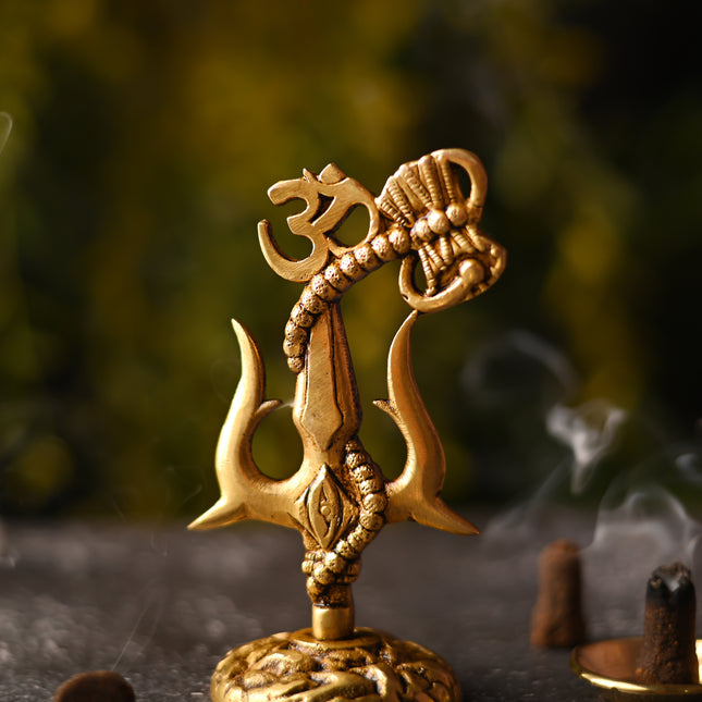 Brass Trishul with Damru & Om (4.8 Inch)