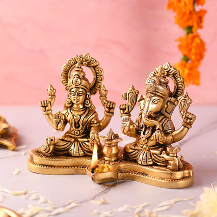 Brass Ganesha and Lakshmi Sitting Idol With Diya (5 Inch)