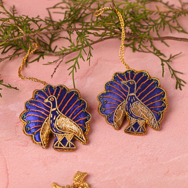 Embroidered Peacock Christmas Tree Hanging Pair (3 Inch)