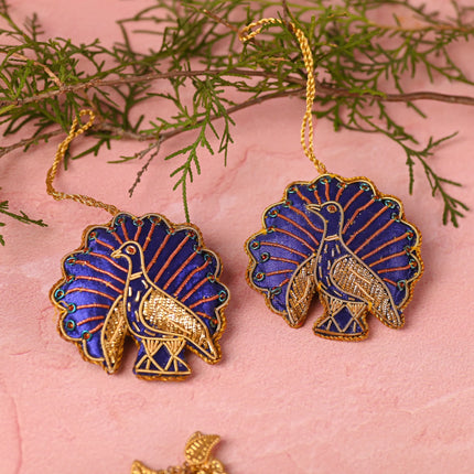 Embroidered Peacock Christmas Tree Hanging Pair (3 Inch)