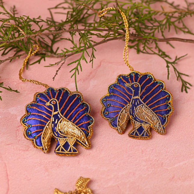 Embroidered Peacock Christmas Tree Hanging Pair (3 Inch)