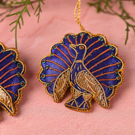 Embroidered Peacock Christmas Tree Hanging Pair (3 Inch)