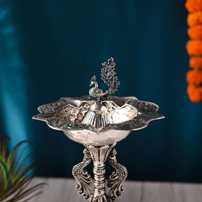 Silver plated Brass Peacock Five Petal Diya (10.5 INCH)