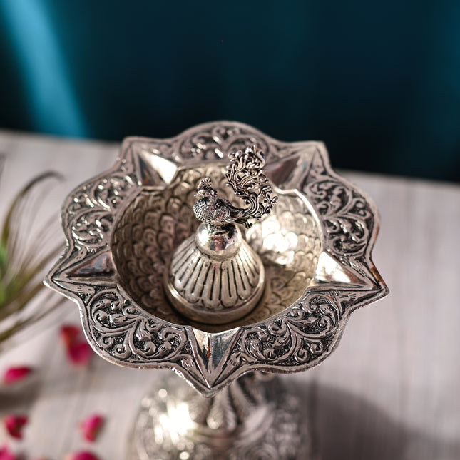 Silver plated Brass Peacock Five Petal Diya (10.5 INCH)