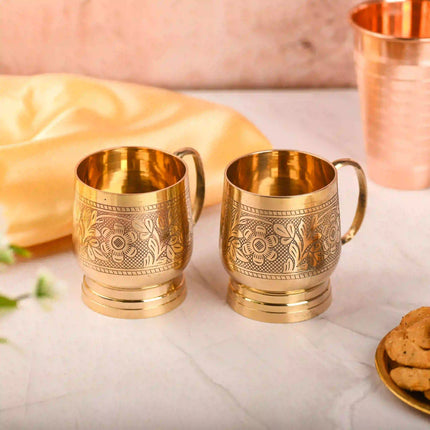 Brass Handcrafted Glass/Cup Pair with Handle