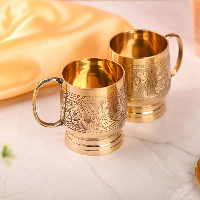 Brass Handcrafted Glass/Cup Pair with Handle