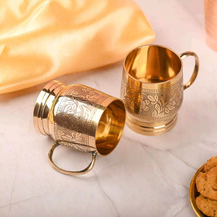 Brass Handcrafted Glass/Cup Pair with Handle