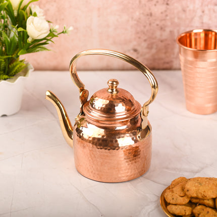 Copper Hammered Tea Kettle Pot – Traditional Indian Drinkware (5.4 Inch)