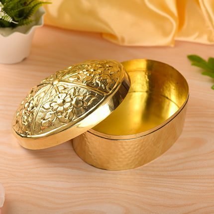 Brass Elegant Oval Bowl with Cover – Traditional Indian Brassware (4 Inch)