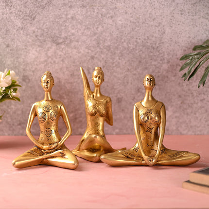 Brass Yoga Lady Figurines Set of Three (7 Inch)