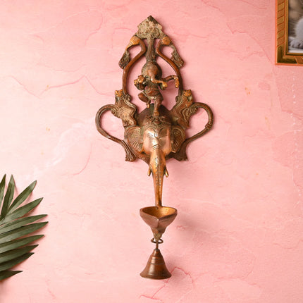 Brass Elephant Ganesha Wall Hanging Diya with Bell (16 Inch)