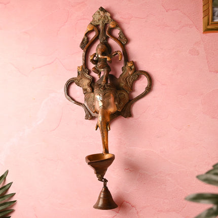 Brass Elephant Ganesha Wall Hanging Diya with Bell (16 Inch)