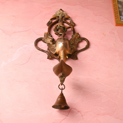 Brass Elephant Ganesha Wall Hanging Diya with Bell (16 Inch)