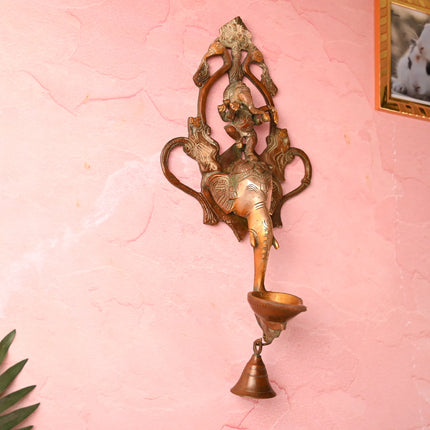 Brass Elephant Ganesha Wall Hanging Diya with Bell (16 Inch)