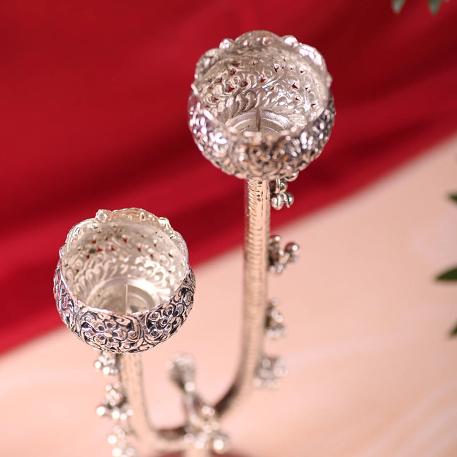 Brass Silver Plated Candle Stand with Ghungroo (13.5 Inch)
