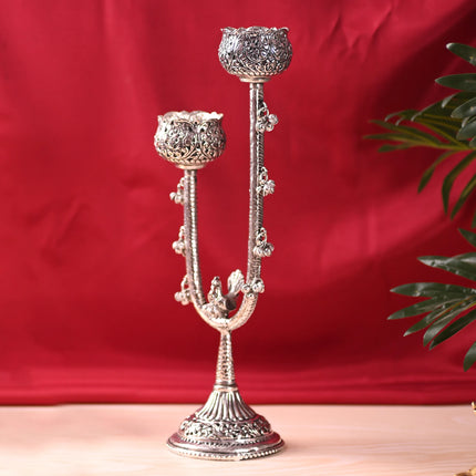 Brass Silver Plated Candle Stand with Ghungroo (13.5 Inch)